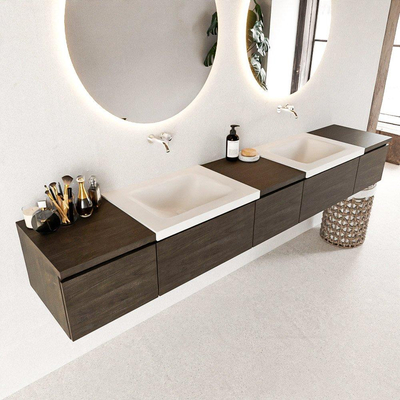 MONDIAZ BUKLA 240cm ensemble de meuble avec module 40 couleur Marron Foncé avec 5 tiroirs. Lavabo CLOUD double 0 trou de robinet couleur Talc.