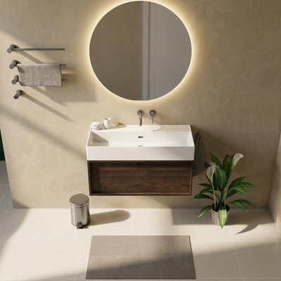 Saniclass Holz Frame Ensemble de meubles de salle de bains - 100x45x52cm - Legend lavabo en céramique blanc - 1 vasque - sans trou de robinetterie - 1 tiroir - chêne charcoal mat (bois)