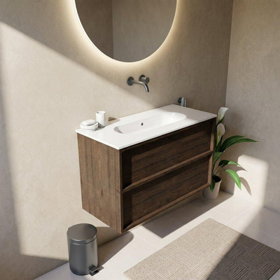 Saniclass Holz Frame Ensemble meuble de salle de bains - 100x45x73.9cm - Vasque en céramique Chaci blanche - 1 lavabo - sans trou de robinet - 2 tiroirs - chêne charcoal mat (bois)