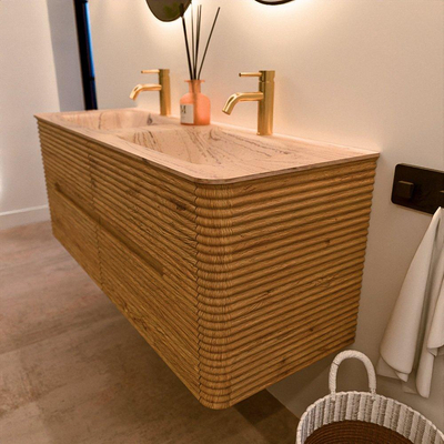 Mondiaz CIRO-DLUX Badkamermeubelset - 130x45x50cm - Solid surface wastafel Arena - 2 wasbak Dubbel - 2 kraangaten - 4 lades - Oak