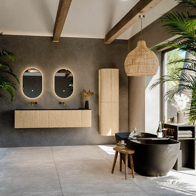 MONDIAZ KURVE 175cm meuble de salle de bains avec module 25 R couleur chêne avec 2 tiroirs et 1 porte. Lavabo BIG SMALL double / gauche sans trou de robinet Urban.