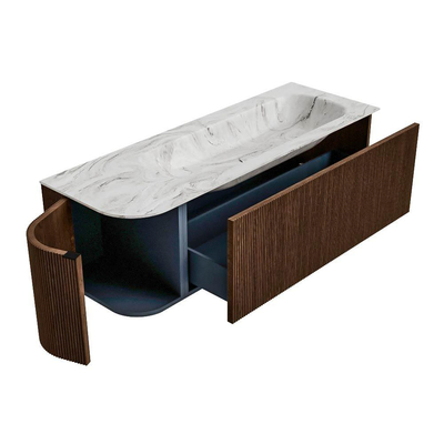 MONDIAZ KURVE-DLUX Meuble de salle de bains 135 cm avec module 25 L couleur Walnut avec 1 tiroir et 1 porte. Vasque BIG MEDIUM droite 1 trou de robinet couleur Glace.