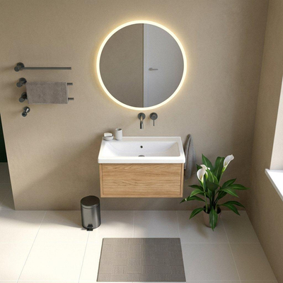 Saniclass Holz Frame Ensemble meuble de salle de bains - 80x45x43.5cm - lavabo en céramique Bari blanc - 1 vasque - sans trou de robinetterie - 1 tiroir - chêne naturel mat (bois)