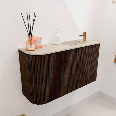 Mondiaz JOYA-DLUX 71.6cm toiletmeubel - ronding links kleur Walnut - Wastafel FAYE positie Rechts 1 kraangat kleur Frappe.