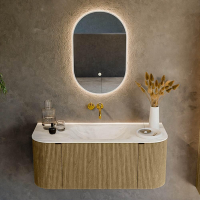 Ensemble de meuble de salle de bain Mondiaz KURVE-DLUX - 110x46x40cm - 1 tiroir - 2 portes - lavabo en solid surface - milieu - sans trou de robinet - Dusk