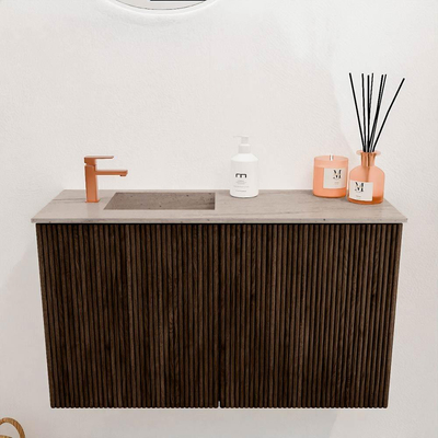 Mondiaz JOYA-DLUX 70cm toiletmeubel - kleur Walnut - Wastafel FAYE positie Links 1 kraangat kleur Saba.