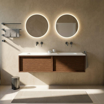 Saniclass Holz Frame Ensemble de meubles de salle de bains - 160x45x57.5cm - vasque Torino en solid surface blanche - sans trou de robinet - 2 tiroirs - noyer pure mat (bois)
