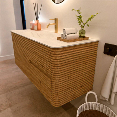 Mondiaz CIRO-DLUX Badkamermeubelset - 120x45x50cm - Solid surface wastafel Opalo - 1 wasbak Midden - 1 kraangat - 2 lades - Oak