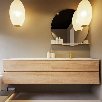 MONDIAZ VICA-DLUX Ensemble meuble de salle de bains - 200cm - meuble bas Washed oak - 4 tiroirs - vasque encastrée cloud droite - 1 trou de robinet - version haute 60cm - frape