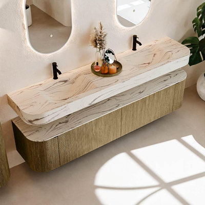 MONDIAZ THOR-DLUX 200cm meuble de salle de bains arrondi gauche + droite couleur Dusk avec 2 tiroirs et 2 portes. Vasque suspendue CLOUD Double 2 trous de robinet couleur Nata.