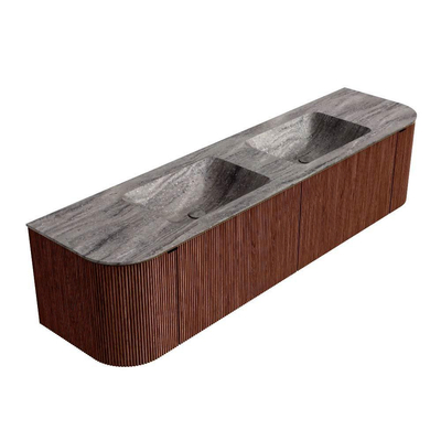 MONDIAZ KURVE-DLUX Meuble de salle de bains 180cm arrondi Gauche + Droite couleur Ruby avec 2 tiroirs et 2 portes. Lavabo LEAF Double sans trou de robinet Oza.