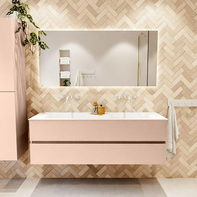 MONDIAZ VICA Ensemble meuble de salle de bains - 150cm - meuble bas rosee - 2 tiroirs - lavabo cloud double - sans trous de robinet - version haute 60cm - talc