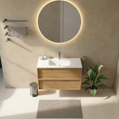 Saniclass Holz Frame Ensemble de meubles de salle de bains - 100x45x61.5cm - Flow lavabo en solid surface blanc - 1 vasque - 1 trou de robinetterie - 2 tiroirs - chêne natural mat (bois)