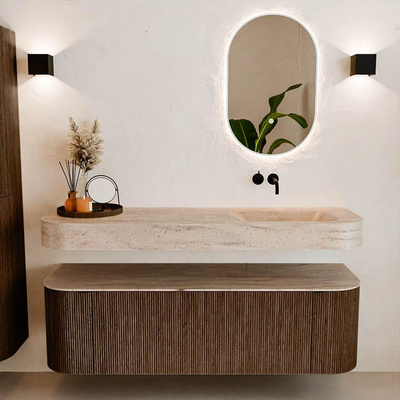 MONDIAZ THOR-DLUX 150cm badmeubel ronding links + rechts kleur Walnut met 1 lade en 2 deuren. Vrijhangende wastafel CLOUD Rechts zonder kraangat kleur Saba.