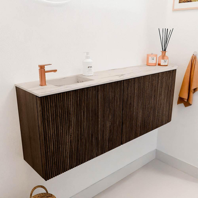 Mondiaz JOYA-DLUX 111.6cm toiletmeubel - ronding rechts kleur Walnut - Wastafel FAYE positie Links 1 kraangat kleur Nata.
