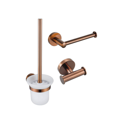 Fortifura Calvi Toiletset 3-delig - toiletrolhouder - zonder klep - toiletborstel - handdoekhaak dubbel rond - PVD - geborsteld koper