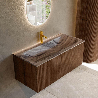 MONDIAZ KURVE-DLUX Meuble de salle de bains 100cm couleur Walnut avec 1 tiroir et 0 portes. Lavabo BIG MEDIUM Milieu 1 trou de robinet Sombra.