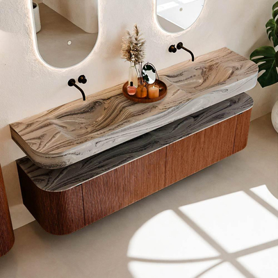 MONDIAZ THOR-DLUX Meuble de salle de bains - 190cm - arrondi gauche + droite - couleur Ruby - 2 tiroirs - 2 portes - Vasque suspendue CLOUD Double sans trou de robinet - couleur Sombra