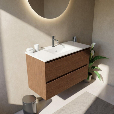 Saniclass Holz Pure Ensemble de meubles de salle de bains - 100x45x62cm - Lavabo Vygo en céramique blanc - 1 vasque - 1 trou de robinetterie - 2 tiroirs - walnut pure mat (bois)