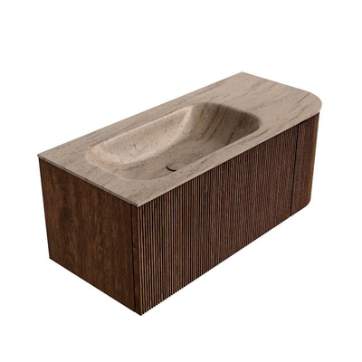 MONDIAZ KURVE-DLUX meuble de salle de bain 105cm courbe à droite couleur noyer avec 1 tiroir et 1 porte. Lavabo BIG SMALL à gauche 1 trou de robinet Saba.