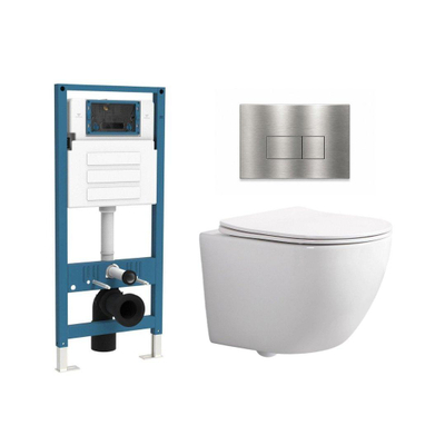 QeramiQ Dely Swirl Ensemble WC Compact - réservoir encastré QeramiQ flush - abattant slim - plaque de commande métallique inox - boutons rectangulaires - blanc brillant