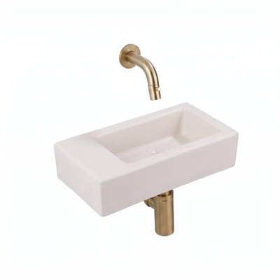 QeramiQ Fuente Fontein - 38x18.5x9cm - keramiek - zonder fonteinkraangat - fonteinkraan geborsteld messing - verlaagd sifon - afvoerplug - linnen