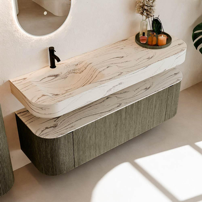 MONDIAZ THOR-DLUX 150cm meuble de salle de bains arrondi gauche + droite couleur Shadow avec 1 tiroir et 2 portes. Vasque suspendue CLOUD Gauche 1 trou de robinet couleur Nata.