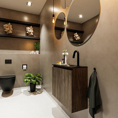 MONDIAZ TURE Toiletmeubel 60x23x50cm met 1 kraangaten 2 deuren dark brown mat Wastafel Eden rechts Solid Surface Zwart