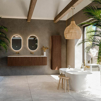 MONDIAZ KURVE 175cm Meuble salle de bain avec module 25 D - couleur Walnut - 2 tiroirs - 1 porte - vasque BIG SMALL double / gauche - sans trous de robinet - Talc