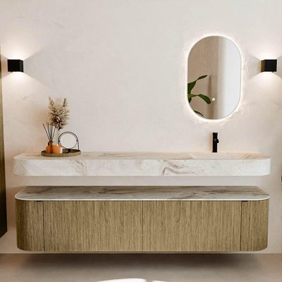 MONDIAZ THOR-DLUX 200cm meuble de salle de bains arrondi gauche + droite couleur Dusk avec 2 tiroirs et 2 portes. Vasque suspendue CLOUD Droite 1 trou de robinet couleur Frappe.