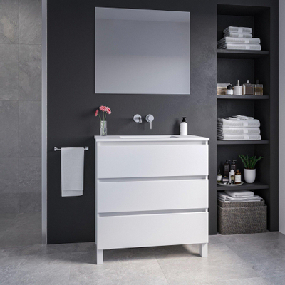 Adema Chaci PLUS Ensemble de meuble - 79.5x86x45.9cm - 1 vasque Blanc - robinet encastrable Inox - 3 tiroirs - miroir rectangulaire - Blanc mat