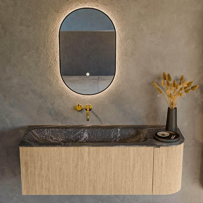 MONDIAZ KURVE-DLUX 125cm badmeubel met module 25 R kleur Oak met 1 lade en 1 deur. Wastafel BIG MEDIUM links zonder kraangat kleur Lava.