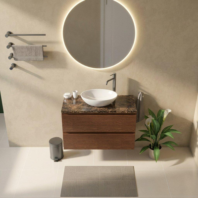 Saniclass Holz Pure Ensemble meuble de salle de bains - 100x45x63cm - Plan de travail en pierre naturelle Noche dark emperador - 1 trou de robinet - 2 tiroirs - noyer pure mat (bois)