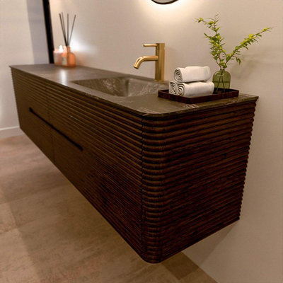 Mondiaz CIRO-DLUX Badkamermeubelset - 190x45x50cm - Solid surface wastafel Lava - 1 wasbak Rechts - 1 kraangat - 4 lades - Walnut