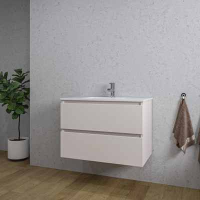 Saniclass Chaci Meuble de salle de bain - 80x46x55cm - lavabo en céramique blanc - 1 vasque - 1 trou de robinet - 2 tiroirs - mat cotton (beige)