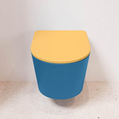 Mondiaz LAVIE hangtoilet – spoelrandloos – 36 x 53 cm – met softclose zitting – Jeans (blauw), zitting Ocher (geel)
