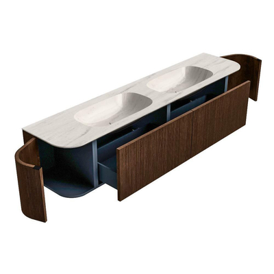 MONDIAZ KURVE-DLUX Meuble de salle de bains 200cm arrondi Gauche + Droite couleur Walnut avec 2 tiroirs et 2 portes. Lavabo STOR SMALL Double sans trou de robinet Meli.