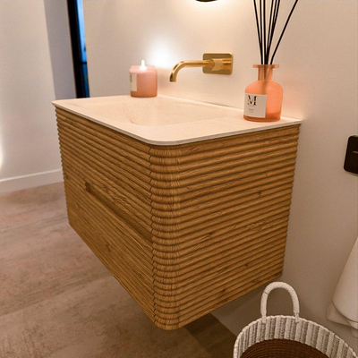 Mondiaz CIRO-DLUX Meuble de salle de bains - 80x45x50cm - Plan vasque Solid surface Meli - 1 vasque au milieu - sans trous de robinetterie - 2 tiroirs - Chêne