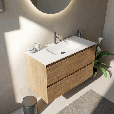 Saniclass Holz Pure Ensemble meuble de salle de bains - 100x45x61.5cm - Flow lavabo en solid surface blanc - 1 vasque - 1 trou de robinetterie - 2 tiroirs - chêne natural mat (bois)