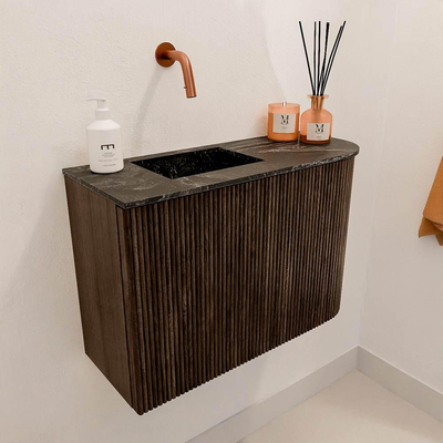 Mondiaz JOYA-DLUX 61.6cm toiletmeubel - ronding rechts kleur Walnut - Wastafel FAYE positie Links Zonder kraangat kleur Lava.