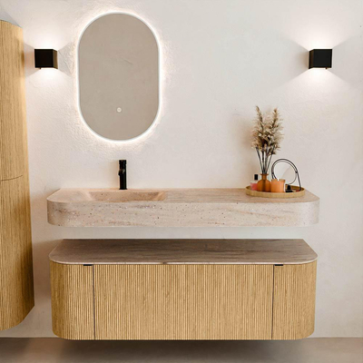 MONDIAZ THOR-DLUX 140cm badmeubel ronding links + rechts kleur Oak met 1 lade en 2 deuren. Vrijhangende wastafel CLOUD Links 1 kraangat kleur Saba.