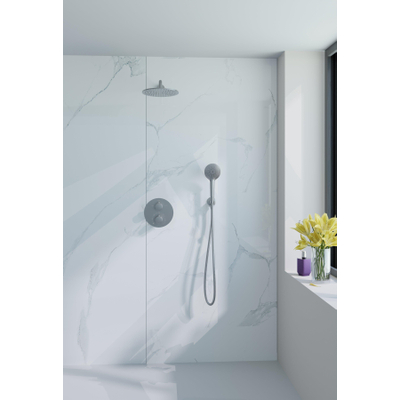 Fortifura Calvi Ensemble de douche à encastrer - rond - thermostatique - bras mural - douche principale de 25 cm - douchette ronde - flexible lisse - Acier inoxydable brossé PVD (inox)