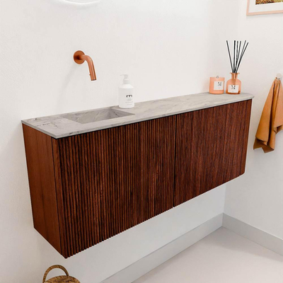 Mondiaz JOYA-DLUX 111.6cm toiletmeubel - ronding rechts kleur Ruby - Wastafel FAYE positie Links Zonder kraangat kleur Glace.