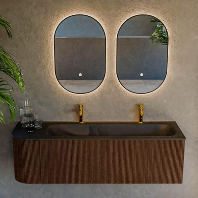 MONDIAZ KURVE 145cm Meuble salle de bain avec module 25 G - couleur Walnut - 1 tiroir - 1 porte - vasque BIG LARGE droite - 2 trous de robinet - Urban