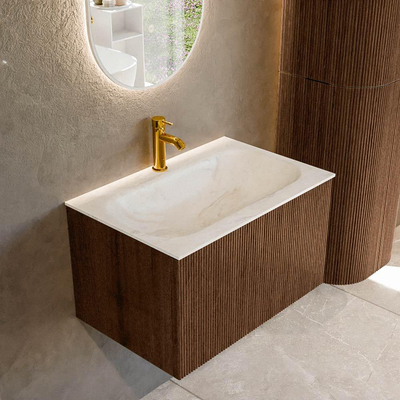 MONDIAZ KURVE-DLUX 70cm badmeubel kleur Walnut met 1 lade. Wastafel BIG SMALL midden 1 kraangat kleur Ostra.