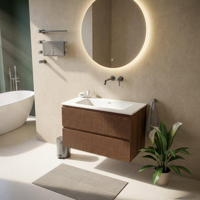 Saniclass Holz Atelier Ensemble meuble de salle de bains - 100x45x77.5cm - lavabo Torino en solid surface blanc - sans trou de robinet - 2 tiroirs - walnut pure mat (bois)