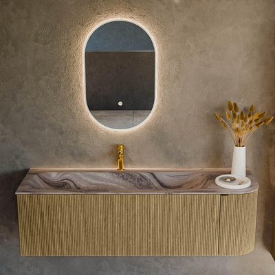 MONDIAZ KURVE-DLUX Meuble de salle de bains 145cm arrondi à droite couleur Dusk avec 1 tiroir et 1 porte. Lavabo BIG LARGE à gauche 1 trou de robinet Sombra.
