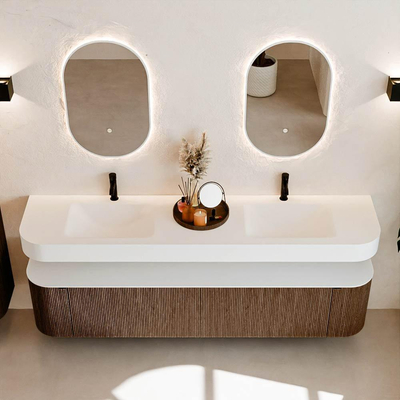 MONDIAZ THOR 200cm meuble de salle de bains arrondi gauche + droite couleur Walnut avec 2 tiroirs et 2 portes. Vasque suspendue CLOUD Double 2 trous de robinet couleur Talc.