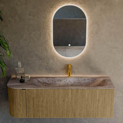 MONDIAZ KURVE-DLUX Meuble de salle de bains 135 cm arrondi à gauche couleur Dusk avec 1 tiroir et 1 porte. Lavabo BIG MEDIUM à droite 1 trou de robinet Oza.
