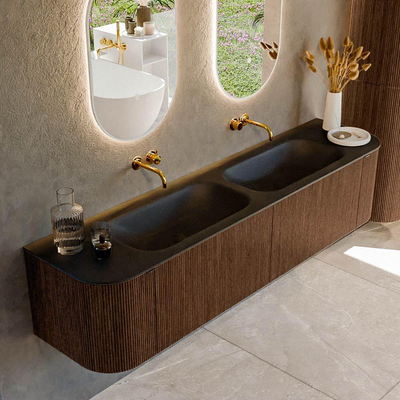 MONDIAZ KURVE 190cm Meuble salle de bain avec module 25 G et D - couleur Walnut - 2 tiroirs - 2 portes - vasque BIG SMALL double - sans trous de robinet - Urban